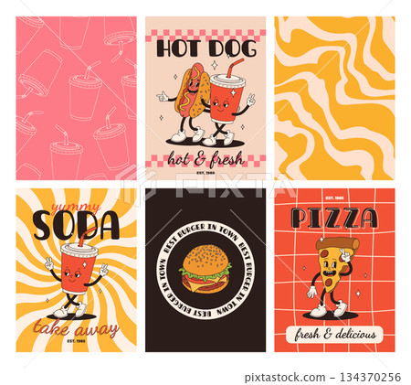 Set of fast food posters. Retro groovy cards with street food characters. Brochure with funky groovy burger, french fries, soda, ice cream, donut, pie, coffee to go, sandwich. Fast food delivery 134370256
