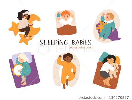 Sleeping babies set. Calm kids asleep, lying and dreaming at night. Cute little boys and girls, sweet children relaxing on pillows. Flat cartoon vector illustrations isolated on white background Sleeping babies set. Calm kids asleep, lying and dreaming at night. Cute little boys and girls, sweet children relaxing on pillows. Flat cartoon vector illustrations isolated on white background 134370257