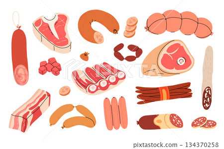 Set of meat products ingredients for BBQ, sausages, meat, steaks, chicken legs. Cartoon flat doodle design of pieces of meat. Raw and fried meat kebab set 134370258