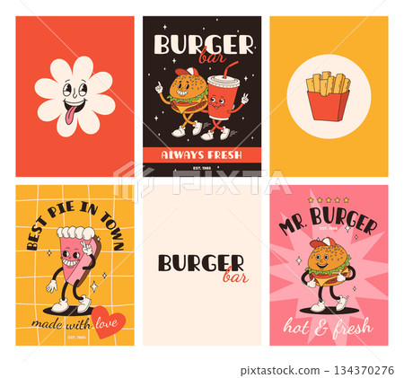 Set of fast food posters. Retro groovy cards with street food characters. Brochure with funky groovy burger, french fries, soda, ice cream, donut, pie, coffee to go, sandwich. Fast food delivery 134370276