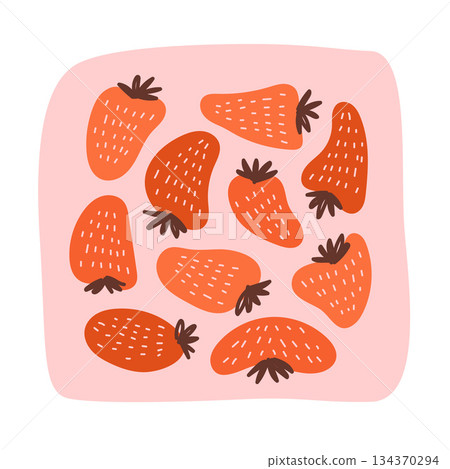 Groovy hippie 70s seamless poster with strawberries. Funny cartoon elements etc. Vector cards in trendy retro psychedelic cartoon style. Vector backgrounds. Stay groovy. Good vibes. 134370294