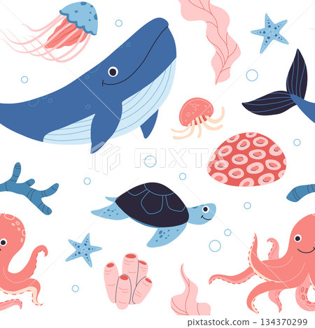 Sea animals, fish, whale, jellyfish, shell, coral and seaweed, crab, starfish. Seamless pattern of hand drawn sea life creatures and elements. Vector doodle cartoon set of marine life objects. 134370299