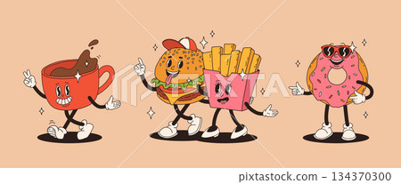 Set of fast food retro groovy cartoon character. Vintage mascot of burger, pizza, hot dog, ice cream, french fries, coffee to go, donut and soda with happy smile. Funky street food illustration Set of fast food retro groovy cartoon character. Vintage mascot of burger, pizza, hot dog, ice cream, french fries, coffee to go, donut and soda with happy smile. Funky street food illustration 134370300