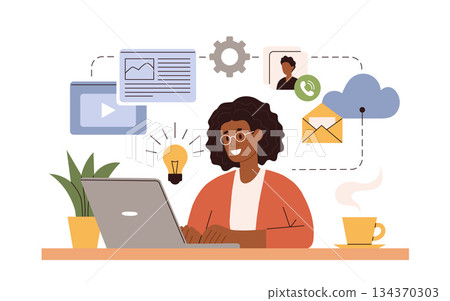 Working at home vector flat style illustration. Online career. Home office illustration. Young woman freelancer working on laptop or computer at home. Business woman at home in quarantine Working at home vector flat style illustration. Online career. Home office illustration. Young woman freelancer working on laptop or computer at home. Business woman at home in quarantine 134370303