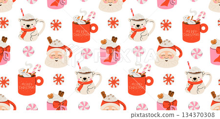 Seamless Christmas pattern with cacao drink, ginger cookie, present and lollipop. Vector illustration for textile, postcard, wrapping paper, poster, background, book, t-shirt. 134370308