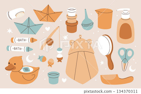 Accessories for bathing children vector illustrations set. Cartoon doodles of bathroom elements, towel, cream, toothbrush, thermometer isolated on white background. Baby care, hygiene Accessories for bathing children vector illustrations set. Cartoon doodles of bathroom elements, towel, cream, toothbrush, thermometer isolated on white background. Baby care, hygiene 134370311