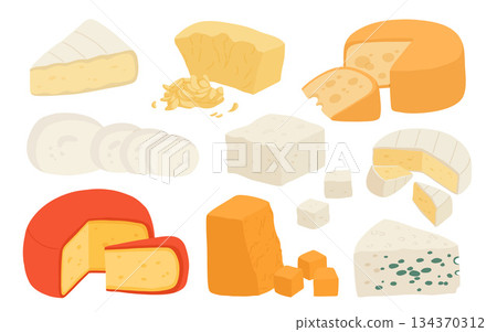 Various types of cheese set realistic vector illustration. Cottage cheeses collection isolated on white background. Curd product for design, recipe book, advertising or restaurant menu 134370312