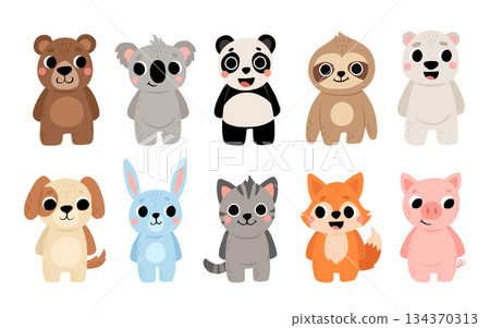 Cute wild and domestic animals set including brown bear, polar bear, panda, koala, sloth, cat, dog, pig, fox, and rabbit. Cartoon kids illustration. 134370313
