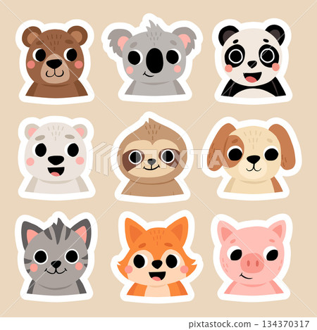 Cute wild and domestic animals set including brown bear, polar bear, panda, koala, sloth, cat, dog, pig, fox. Cartoon kids illustration. 134370317