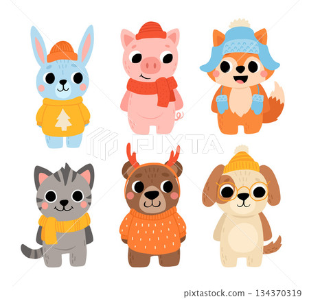 Cute wild and domestic animals set in winter clothes, including brown bear, cat, dog, pig, fox, and rabbit. Cartoon kids illustration with hats and sweaters. Cute wild and domestic animals set in winter clothes, including brown bear, cat, dog, pig, fox, and rabbit. Cartoon kids illustration with hats and sweaters. 134370319