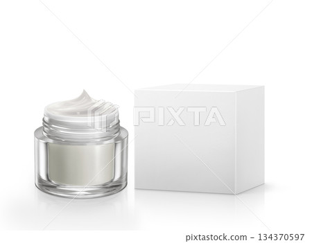A cosmetic bottle with the lid open and a white cardboard box are placed on a white background. A cosmetic bottle with the lid open and a white cardboard box are placed on a white background. 134370597