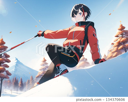 動漫插畫，描繪的是一位女孩在冬日山間滑雪。 134370606