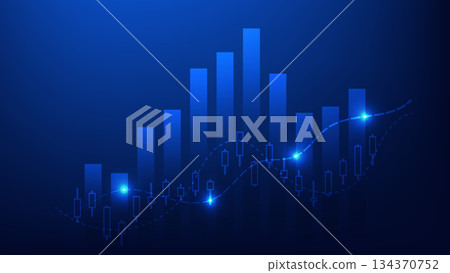 financial market and business investment. bar chart graphic and candlesticks with indicator on blue background  134370752