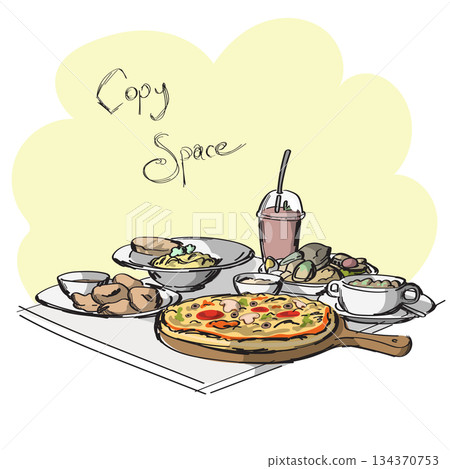 food on table with copy space illustration vector sketch with black lines food on table with copy space illustration vector sketch with black lines 134370753