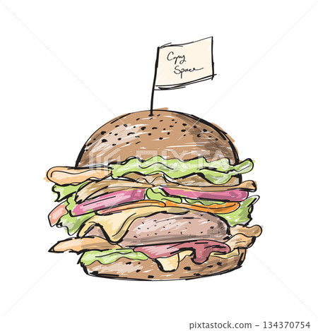cheeseburger with small copy space sign on top illustration vector sketch with black lines 134370754