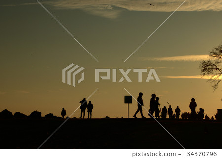 Silhouettes Walking by the Sea at Sunset. Silhouettes Walking by the Sea at Sunset. 134370796