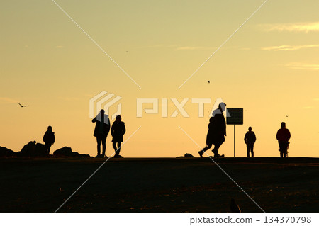 Silhouettes Walking by the Sea at Sunset. Silhouettes Walking by the Sea at Sunset. 134370798