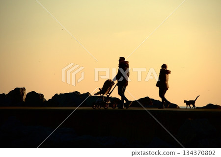 Silhouettes Walking by the Sea at Sunset. 134370802