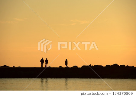 Silhouettes Walking by the Sea at Sunset. 134370809