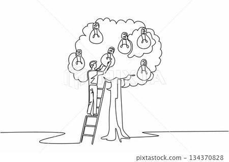 Continuous one line drawing a man climbs ladder into tree to get lightbulb and sack containing many lightbulbs. Try solve problem. National Creativity Day. Single line draw design vector illustration Continuous one line drawing a man climbs ladder into tree to get lightbulb and sack containing many lightbulbs. Try solve problem. National Creativity Day. Single line draw design vector illustration 134370828