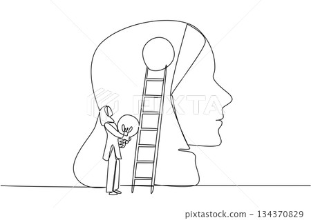 Continuous line draw of a woman holding a glowing lightbulb beside a large human head with a ladder, symbolizing imagination and ideas for National Creativity Day in a psychology and business concept 134370829
