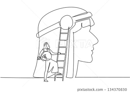 Single one line drawing Arab man carry lightbulb want to climb ladder attached to big head silhouette. Sharpen creative power. National Creativity Day. Continuous line design graphic illustration 134370830