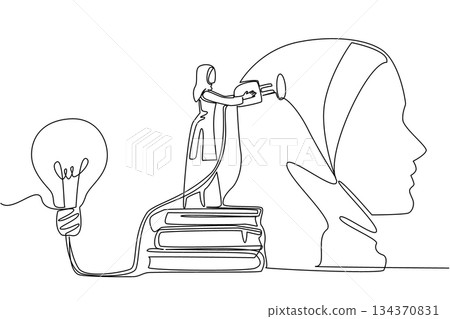 Single continuous line drawing Arab woman stand on pile of thick books holds cable connected to big lightbulb. Knowledge and solutions. National Creativity Day. One line design vector illustration 134370831