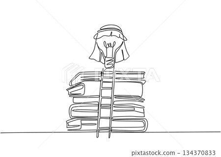 Single one line drawing lightbulb with turban floats above pile of thick books and ladder. Increase the knowledge by reading. Idea. National Creativity Day. Continuous line design graphic illustration Single one line drawing lightbulb with turban floats above pile of thick books and ladder. Increase the knowledge by reading. Idea. National Creativity Day. Continuous line design graphic illustration 134370833