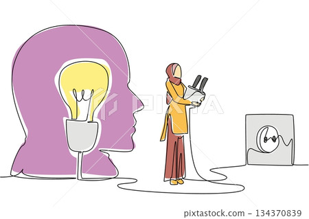 Single one line drawing Arab woman stands in front of silhouette of head holds cable into socket. Recharge the mind. Solve problems National Creativity Day. Continuous line design graphic illustration Single one line drawing Arab woman stands in front of silhouette of head holds cable into socket. Recharge the mind. Solve problems National Creativity Day. Continuous line design graphic illustration 134370839
