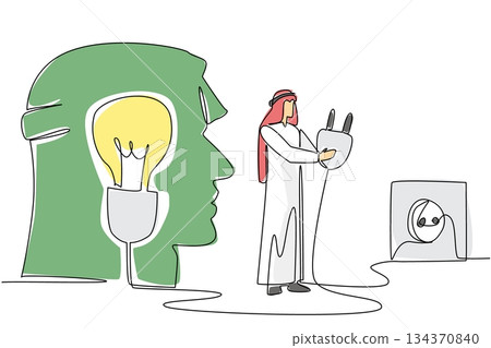 Single one line drawing Arab man stands in front of silhouette of head holds cable into socket. Take a break to recharge the mind. National Creativity Day. Continuous line design graphic illustration Single one line drawing Arab man stands in front of silhouette of head holds cable into socket. Take a break to recharge the mind. National Creativity Day. Continuous line design graphic illustration 134370840