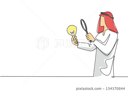 Continuous one line drawing Arab man holds lightbulb and examines with a magnifying glass. Looking for the most possible solution. National Creativity Day. Single line draw design vector illustration 134370844