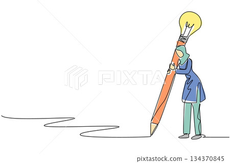 Single continuous line drawing Arab woman writes using a big pencil with a lightbulb at the end. Being creative through writing. Education. National Creativity Day. One line design vector illustration 134370845