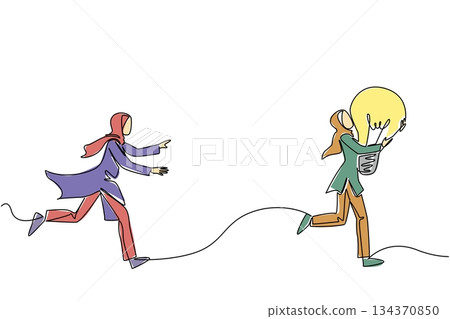 Single one line drawing Arab businesswoman chases a woman running with a light bulb. Chasing down criminals of plagiarism. Crime. National Creativity Day. Continuous line design graphic illustration Single one line drawing Arab businesswoman chases a woman running with a light bulb. Chasing down criminals of plagiarism. Crime. National Creativity Day. Continuous line design graphic illustration 134370850