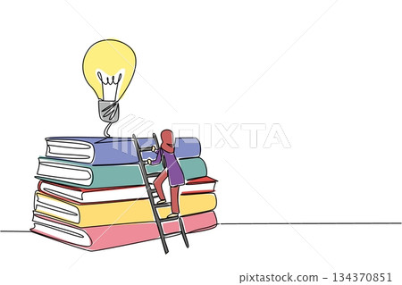 Continuous one line drawing Arab woman climbs stack of thick books with lightbulb floating above. Sincerity sharpens the mind. National Creativity Day. Single line draw design vector illustration Continuous one line drawing Arab woman climbs stack of thick books with lightbulb floating above. Sincerity sharpens the mind. National Creativity Day. Single line draw design vector illustration 134370851