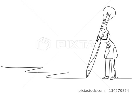 Single continuous line drawing Arab woman writes using a big pencil with a lightbulb at the end. Being creative through writing. Education. National Creativity Day. One line design vector illustration 134370854