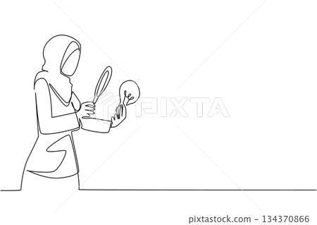 Single continuous line drawing Arab woman holds lightbulb and examines with magnifying glass. Checking the originality of ideas. Research. National Creativity Day. One line design vector illustration Single continuous line drawing Arab woman holds lightbulb and examines with magnifying glass. Checking the originality of ideas. Research. National Creativity Day. One line design vector illustration 134370866