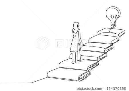 Single one line drawing Arab woman walks on stairs made of books and lightbulb floating at the end. Importance of higher education. National Creativity Day. Continuous line design graphic illustration 134370868
