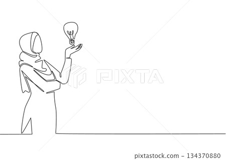 Continuous one line drawing Arab woman raises and open palm with lightbulb floats above palm. Think seriously for the best solution National Creativity Day. Single line draw design vector illustration Continuous one line drawing Arab woman raises and open palm with lightbulb floats above palm. Think seriously for the best solution National Creativity Day. Single line draw design vector illustration 134370880