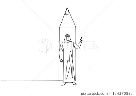 Continuous one line drawing Arab man stands in front of bottom end of pencil with gesture. Write down creative and brilliant ideas. National Creativity Day. Single line draw design vector illustration Continuous one line drawing Arab man stands in front of bottom end of pencil with gesture. Write down creative and brilliant ideas. National Creativity Day. Single line draw design vector illustration 134370883
