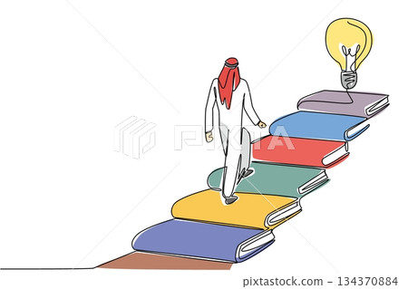 Single continuous line drawing young Arabian man walks on stairs made of books and a floating lightbulb. Towards brilliance. Education. National Creativity Day. One line design vector illustration 134370884