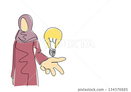 Single one line drawing Arab woman opens palm and a lightbulb floats above her palm. The pious woman offers a smart solution. Idea. National Creativity Day. Continuous line design graphic illustration Single one line drawing Arab woman opens palm and a lightbulb floats above her palm. The pious woman offers a smart solution. Idea. National Creativity Day. Continuous line design graphic illustration 134370885