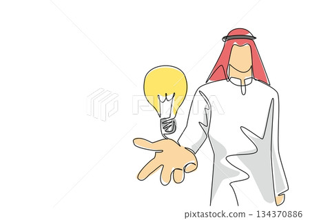 Single continuous line drawing Arab man opens palm and a lightbulb floats above his palm. A combination of innovation and brilliant ideas. National Creativity Day. One line design vector illustration Single continuous line drawing Arab man opens palm and a lightbulb floats above his palm. A combination of innovation and brilliant ideas. National Creativity Day. One line design vector illustration 134370886