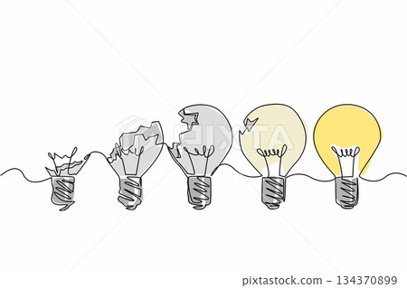 Single continuous line drawing 5 light bulbs with 4 having different damages. Improve the mindset. Become more brilliant. Think carefully. National Creativity Day. One line design vector illustration Single continuous line drawing 5 light bulbs with 4 having different damages. Improve the mindset. Become more brilliant. Think carefully. National Creativity Day. One line design vector illustration 134370899