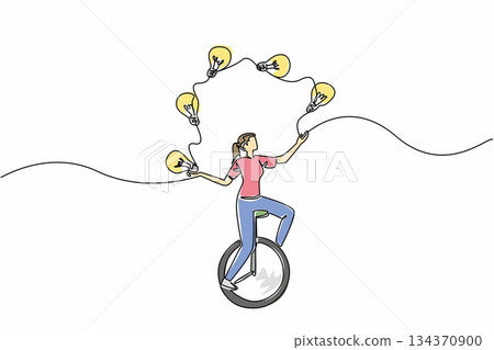 Continuous one line drawing a woman in casual clothes riding unicycle and juggling 5 light bulbs. Sharpen brain by playing balance. National Creativity Day. Single line draw design vector illustration Continuous one line drawing a woman in casual clothes riding unicycle and juggling 5 light bulbs. Sharpen brain by playing balance. National Creativity Day. Single line draw design vector illustration 134370900