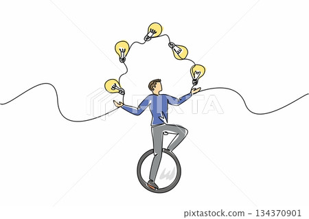 Single one line drawing a man in casual clothes riding unicycle and juggling 5 light bulbs. Train balance and creativity. Creative. National Creativity Day. Continuous line design graphic illustration 134370901