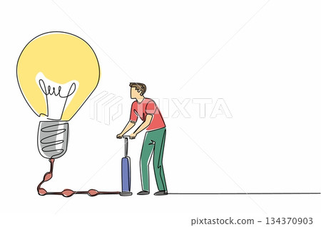 Single one line drawing a man in casual clothes pumping large lightbulb and air bubbles in the hose. Stimulate creative thinking. National Creativity Day. Continuous line design graphic illustration Single one line drawing a man in casual clothes pumping large lightbulb and air bubbles in the hose. Stimulate creative thinking. National Creativity Day. Continuous line design graphic illustration 134370903