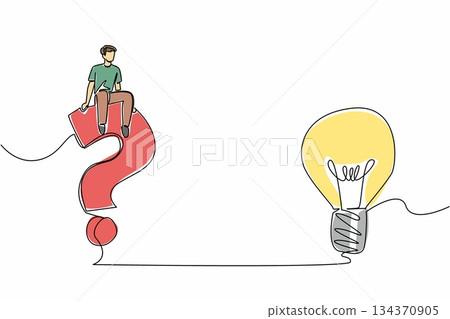 Single one line drawing a man sitting on big question mark symbol and a lightbulb. Confusion with big problems. Think more clearly. National Creativity Day. Continuous line design graphic illustration Single one line drawing a man sitting on big question mark symbol and a lightbulb. Confusion with big problems. Think more clearly. National Creativity Day. Continuous line design graphic illustration 134370905