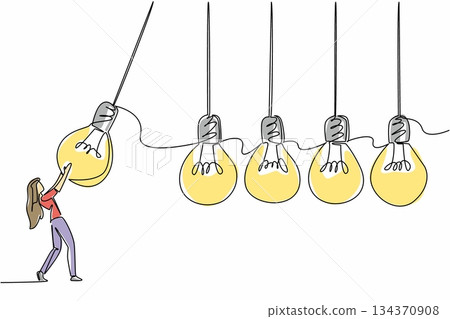 Continuous one line drawing a businesswoman holds a lightbulb and swings it at 4 lightbulbs in a row. Pendulum of encouragement. National Creativity Day. Single line draw design vector illustration Continuous one line drawing a businesswoman holds a lightbulb and swings it at 4 lightbulbs in a row. Pendulum of encouragement. National Creativity Day. Single line draw design vector illustration 134370908