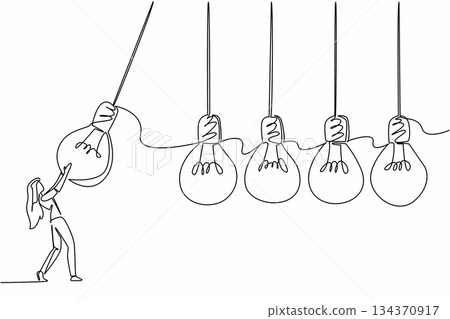 Continuous one line drawing a businesswoman holds a lightbulb and swings it at 4 lightbulbs in a row. Pendulum of encouragement. National Creativity Day. Single line draw design vector illustration Continuous one line drawing a businesswoman holds a lightbulb and swings it at 4 lightbulbs in a row. Pendulum of encouragement. National Creativity Day. Single line draw design vector illustration 134370917