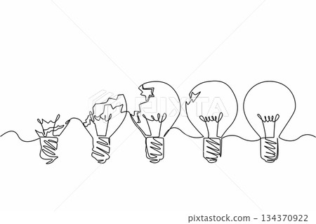 Single continuous line drawing 5 light bulbs with 4 having different damages. Improve the mindset. Become more brilliant. Think carefully. National Creativity Day. One line design vector illustration 134370922